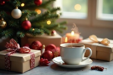 A warm beverage in a white mug sits on a saucer next to presents and a decorated tree, creating a cozy winter scene.