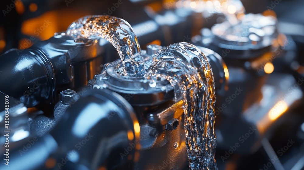 Poster water flows through engine components illuminating metallic textures.
