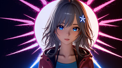 short blue haired girl anime illustration dramatic lighting	