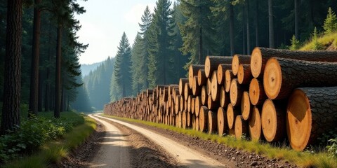 Fototapeta premium Sunlit dirt road winding through a dense pine forest lined with neatly stacked lumber logs
