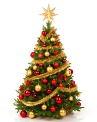 Decorated Christmas tree with red and gold ornaments.