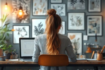 Woman working at desk in creative workspace surrounded by art and plants