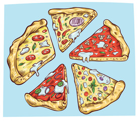 round pizza slices with explosive effect. vector illustration in cartoon style
