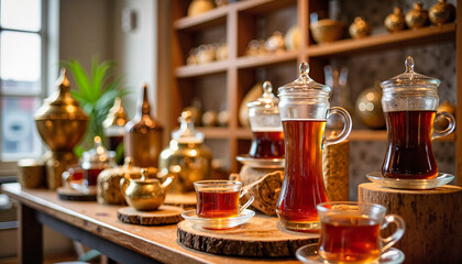 Decorative tea setup on wooden table with gold accents