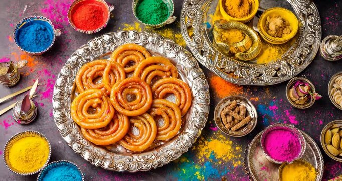 Indian sweets, colorful Holi powder, jalebi dessert, silver platter, traditional festive food, vibrant rangoli colors, ornate metal bowls