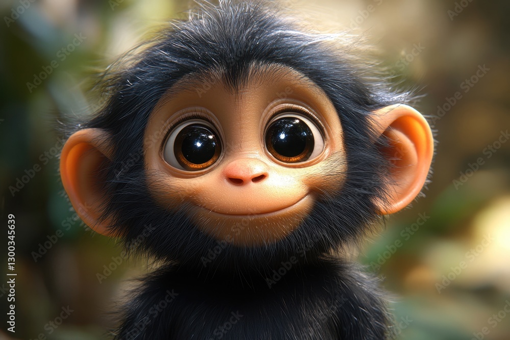 Poster cute animated monkey displaying joyful expression in a lush green environment during daylight