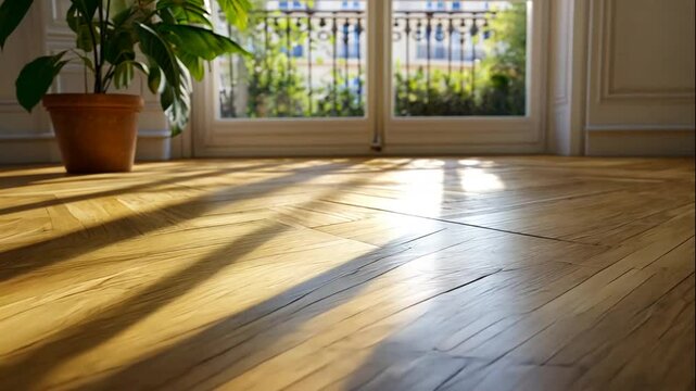 Sunlight casts shadows on a wooden floor near a potted plant