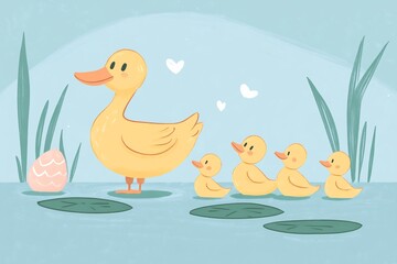 mother duck with pastel ducklings on easter pond