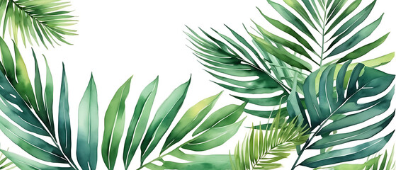 Watercolor tropical leaves frame illustration with green palm fronds design