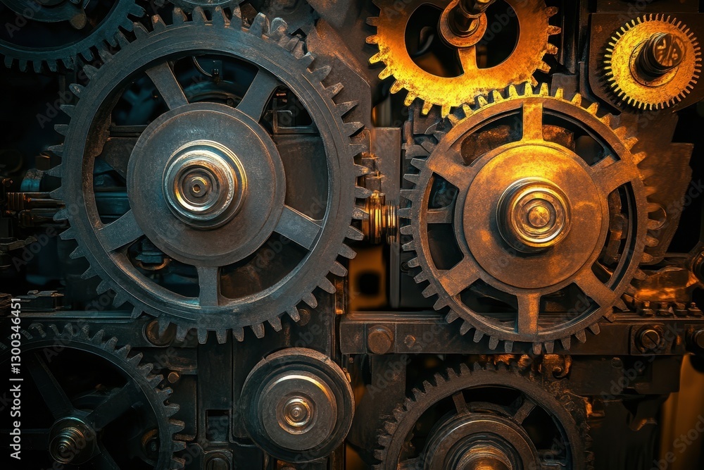 Poster gears in motion create intricate patterns in a vintage machinery setup at a workshop