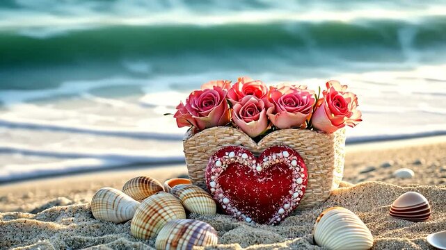 Pink roses in heart-shaped basket on beach