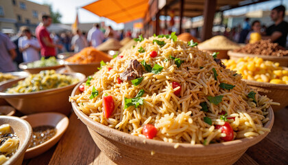 Delicious platter of rice with vegetables at outdoor market