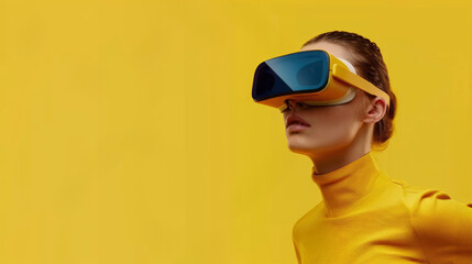 A young woman wearing yellow VR headset against yellow background. Futuristic technology.