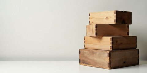 A Stack of Four Rustic Wooden Boxes with Intricate Joiners on a White Surface