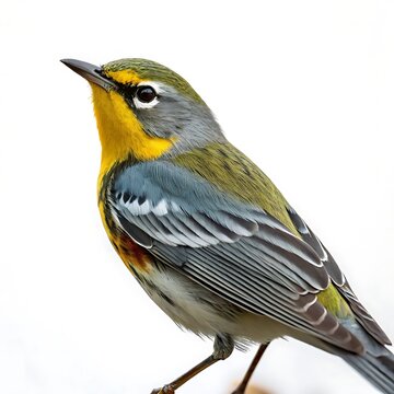 colorful northern parula warbler perched on a branch with vibrant yellow and blue feathers, against a clean white background