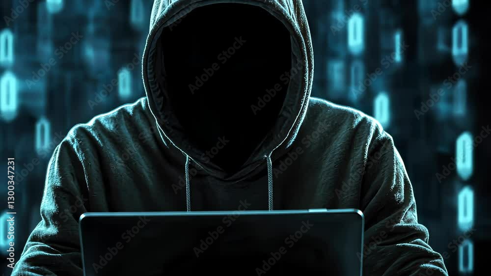 Poster hooded hacker typing on laptop in shadowy workspace, representing cybersecurity threat and digital p