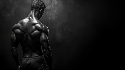Lower back muscle definition during extension, dramatic rim lighting, dark gradient background