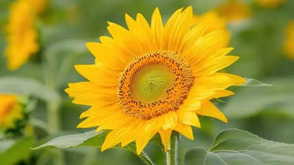 Fototapeta premium Close Up Vibrant Yellow Sunflower In Full Bloom Green Background