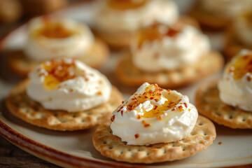 Mini crackers with cream cheese, honey, and chili flakes