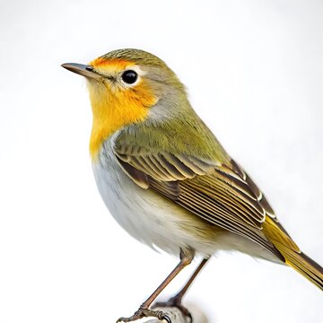 A vibrant and detailed shot of a singing colorful warbler with yellow chest and green wings, perched on a branch against a pristine white background