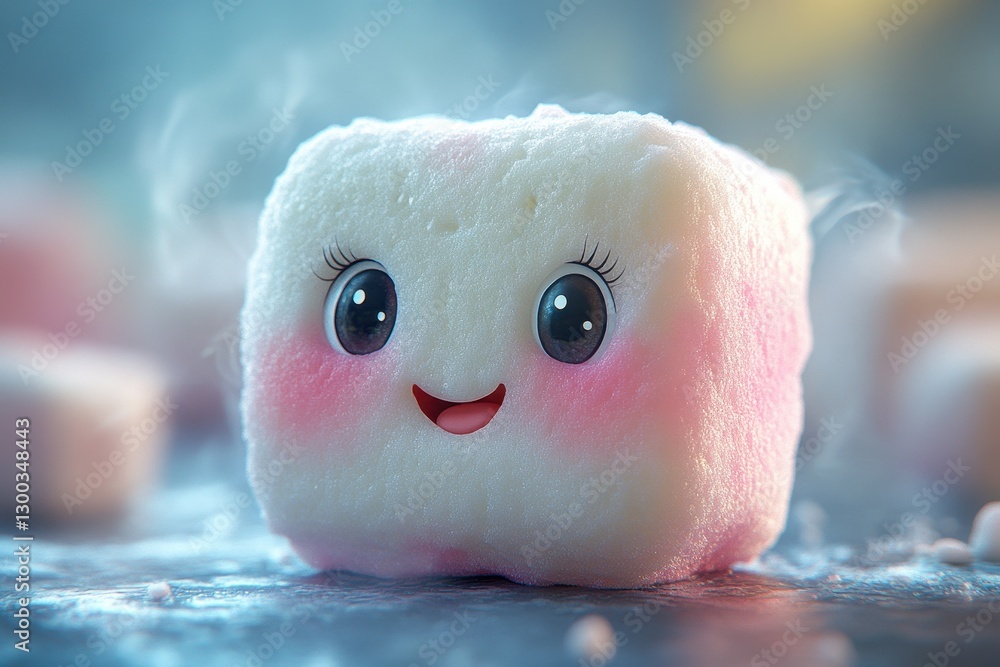 Poster cute marshmallow character with smiling face and blushing cheeks in a whimsical setting