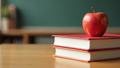 Apple on red books in classroom setting