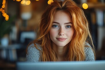 Young woman with vibrant red hair smiles warmly while working on a laptop in a cozy, softly lit cafe