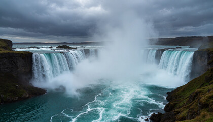 Obraz premium Dramatic stormy waterfall cascading over cliffs, intense cinematic atmosphere