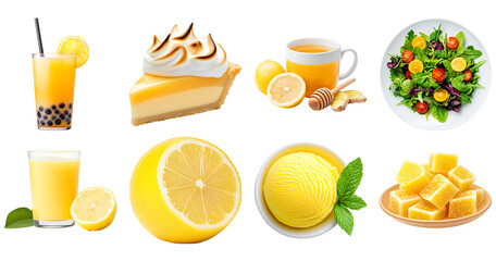 Collection of various lemon foods, bubble tea, meringue pie, ginger, salad, juice, sorbet, candied lemon peels coated in sugar isolated on white transparent background PNG set