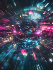 Dazzling disco ball amidst a vibrant spectrum of luminous light trails