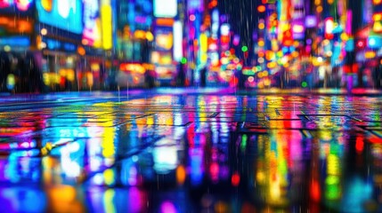 Obraz premium Rain Reflects Neon City Lights At Night