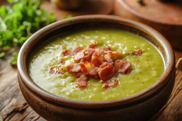 Hearty split pea soup with crispy fried bacon pieces
