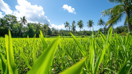 Fototapeta premium Lush green rice field under bright blue sky with palm trees