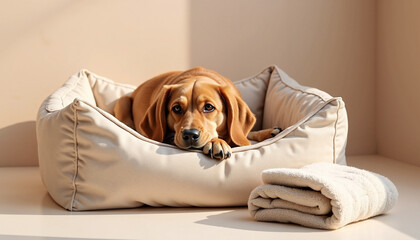 Relaxed dog resting in cozy bed with towel nearby