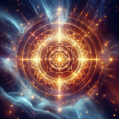 A radiant Sri Yantra floating in an ethereal realm, glowing with high-frequency energy