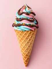 Delicious ice cream cone with colorful sprinkles and chocolate sauce.