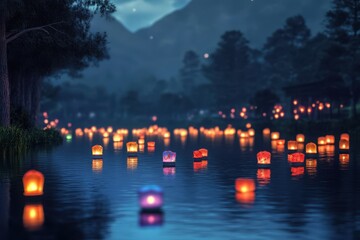 Lanterns illuminate a serene waterway during an evening festival in a tranquil landscape