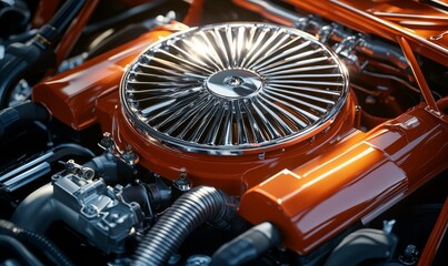Fototapeta premium Shiny orange engine with polished silver components looking powerful.