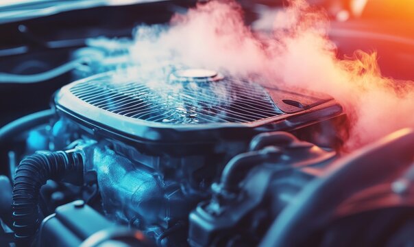 Steaming car engine overheating with clouds of vapor visible.