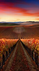 Naklejka premium Autumn Vineyard Landscape at Sunset With Rolling Hills and Beautiful Colorful Sky and Rows