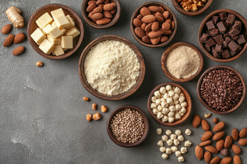 Fototapeta premium Assorted vegan ingredients with nuts, almond flour, and dark chocolate