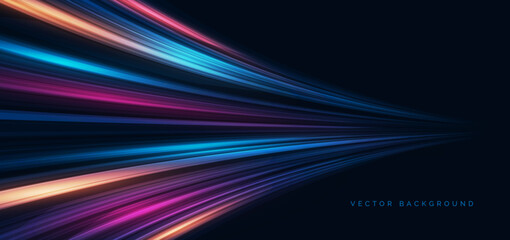 High speed muticolor curved lines on dark blue background. High speed motion moving concept.