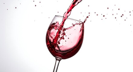 A partially filled wine glass spills red wine. The liquid arcs dynamically, showcasing splashes and droplets against a white background. Glass is transparent, revealing the wine's color and movement
