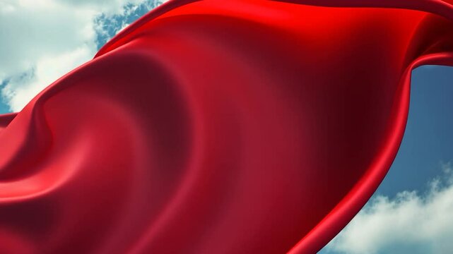 Red Fabric Flowing in Cloudy Sky