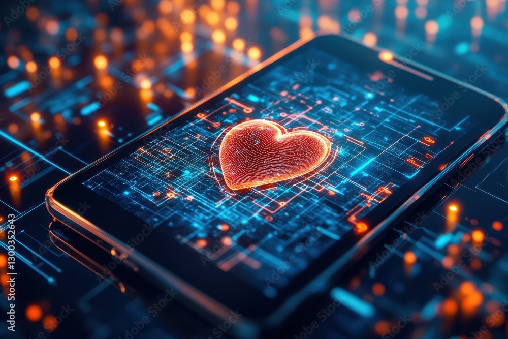 Poster modern technology display with glowing heart symbol on smartphone screen in digital setting