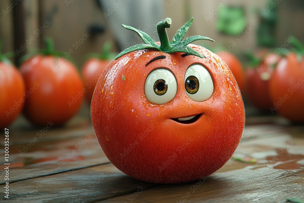 Poster smiling cartoon tomato in a rustic setting surrounded by fresh vegetables