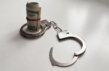 Money and handcuffs isolated on white background