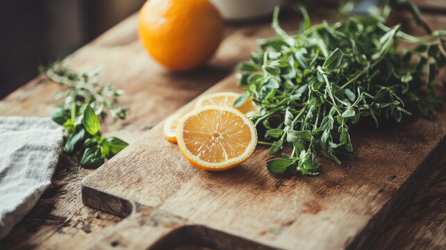 Fresh lemon slices and herbs on wooden cutting board create vibrant kitchen scene