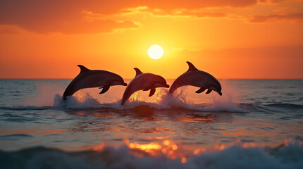 Golden Sunset Dolphins Jumping - Beautiful Ocean Scene Marine Wildlife Photography