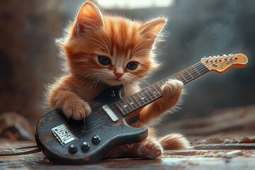 Cute orange kitten playing a mini guitar in a cozy, dimly lit room filled with soft light